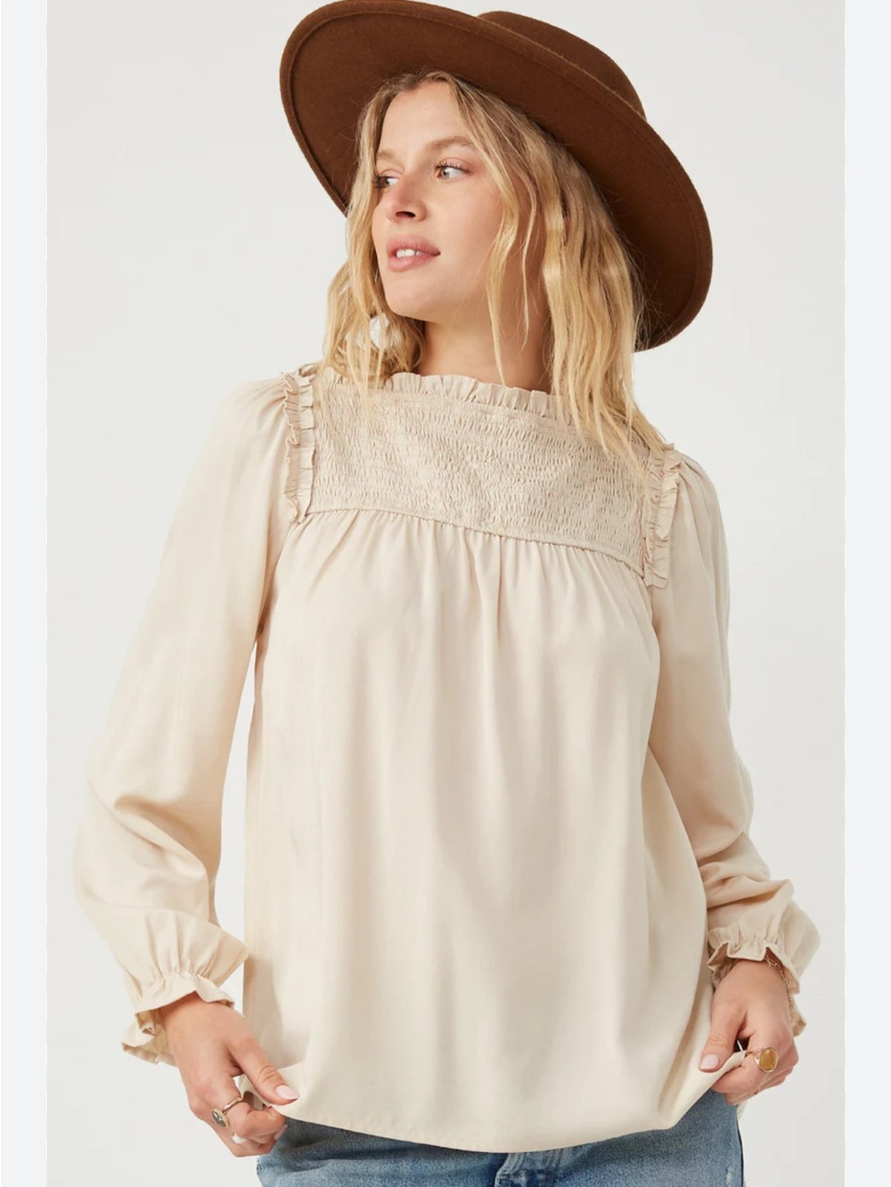 Smocked Long Sleeve Blouse in Cream Sheer Sleeves S M Boho Western Ruffle New